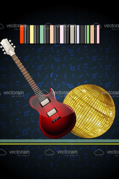 Music Theme Card with Electric Guitar and Disco Ball